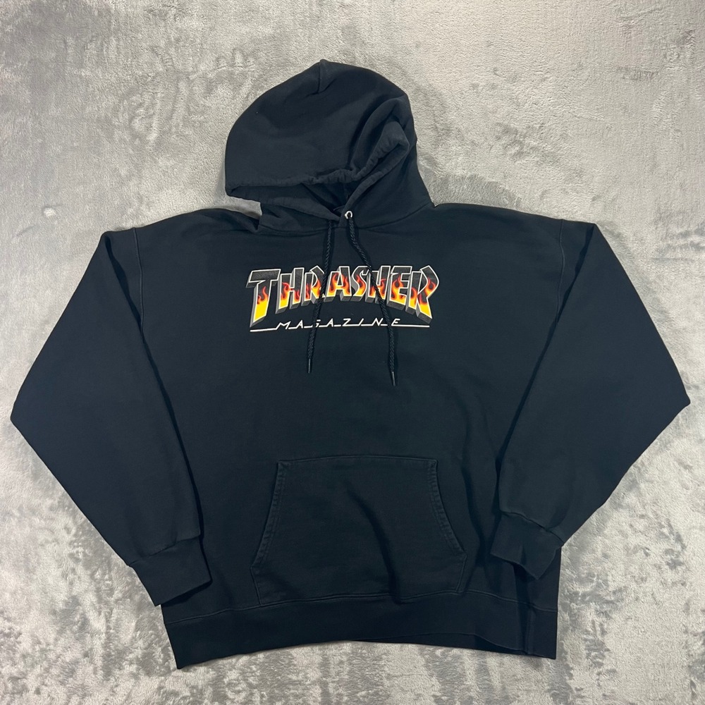 THRASHER Flame Logo Hoodie Mens Large Black Good Skate Magazine Sweatshirt‎ Logo - Picture 2 of 16